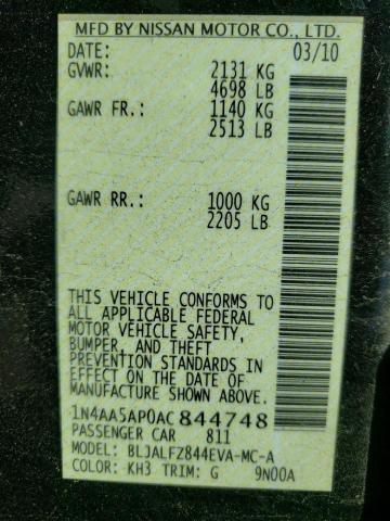 Photo 10 from auction – 2010 NISSAN MAXIMA S with VIN 1N4AA5AP0AC844748