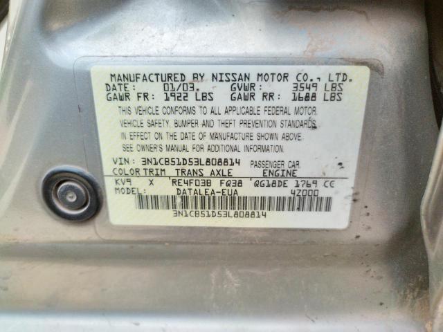 Photo 10 from auction – 2003 NISSAN SENTRA XE with VIN 3N1CB51D53L808814