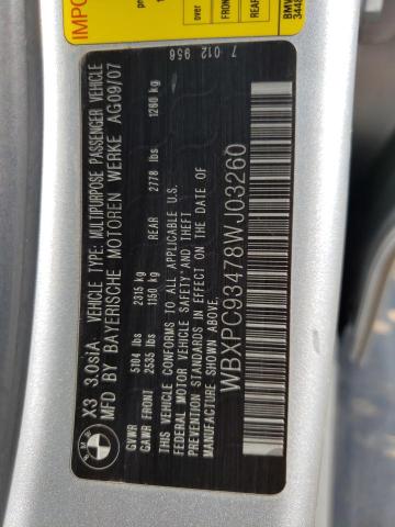 Photo 10 from auction – 2008 BMW X3 3.0SI with VIN WBXPC93478WJ03260