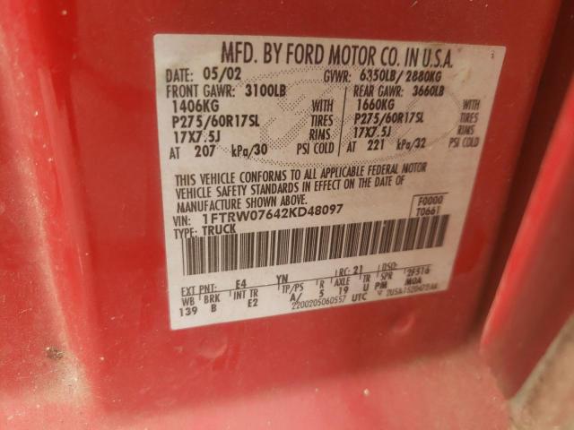 Photo 10 from auction – 2002 FORD F150 SUPER with VIN 1FTRW07642KD48097