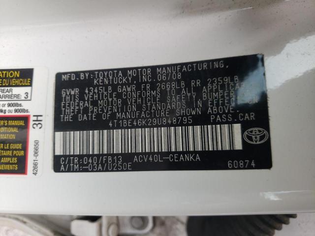 Photo 10 from auction – 2009 TOYOTA CAMRY BASE with VIN 4T1BE46K29U848795