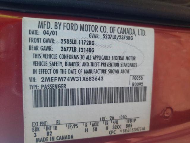 Photo 10 from auction – 2001 MERCURY GRAND MARQ with VIN 2MEFM74W31X683643