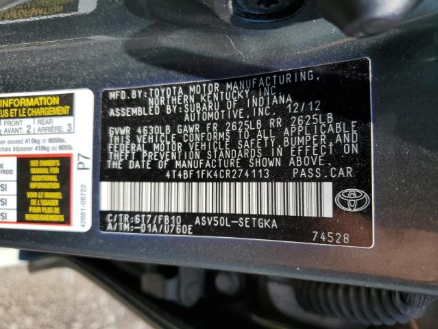 Photo 10 from auction – 2012 TOYOTA CAMRY BASE with VIN 4T4BF1FK4CR274113