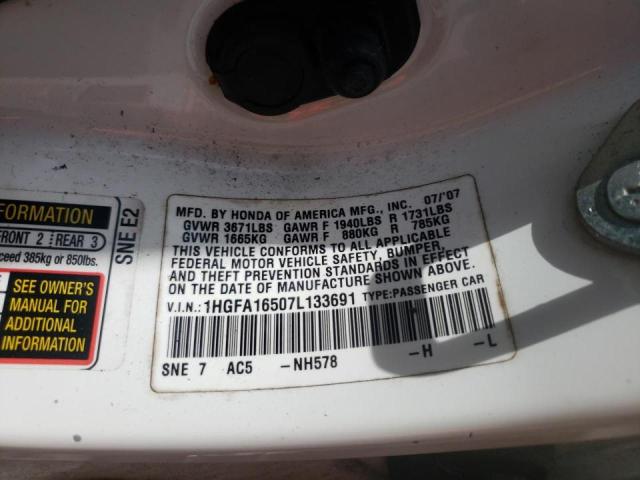 Photo 10 from auction – 2007 HONDA CIVIC with VIN 1HGFA16507L133691
