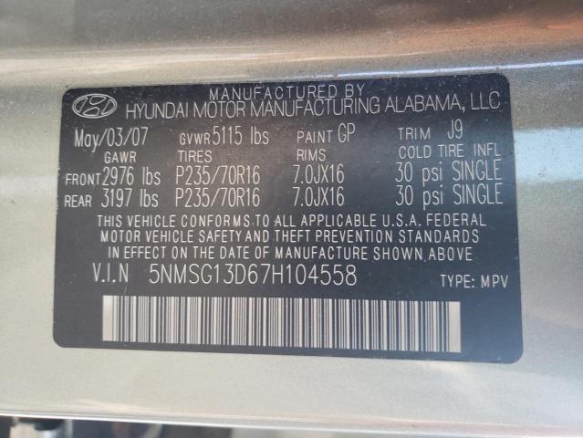 Photo 10 from auction – 2007 HYUNDAI SANTA FE G with VIN 5NMSG13D67H104558