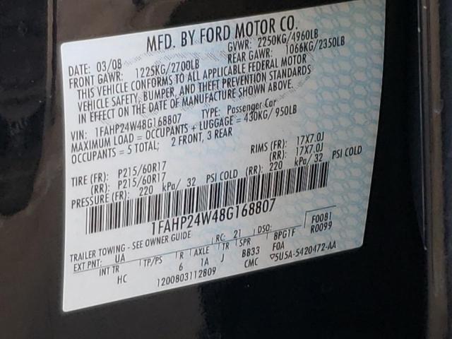 Photo 10 from auction – 2008 FORD TAURUS SEL with VIN 1FAHP24W48G168807