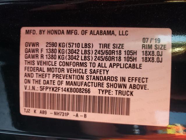 Photo 10 from auction – 2019 HONDA RIDGELINE with VIN 5FPYK2F14KB008266