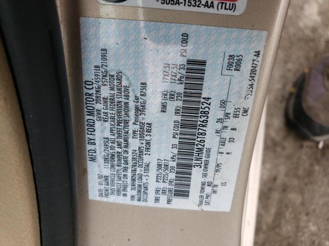 Photo 10 from auction – 2007 LINCOLN MKZ with VIN 3LNHM26T87R638524