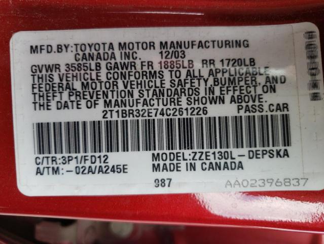 Photo 10 from auction – 2004 TOYOTA COROLLA with VIN 2T1BR32E74C261226