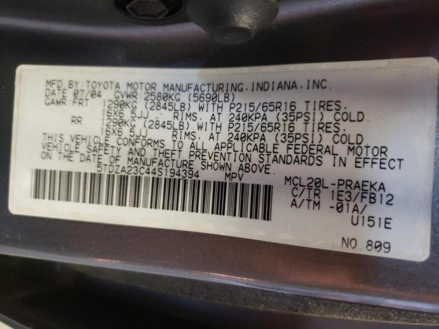 Photo 10 from auction – 2004 TOYOTA SIENNA CE with VIN 5TDZA23C44S194394