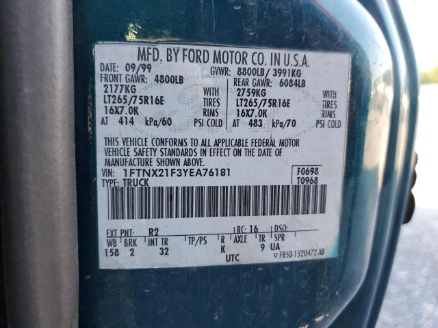Photo 10 from auction – 2000 FORD F250 SUPER with VIN 1FTNX21F3YEA76181