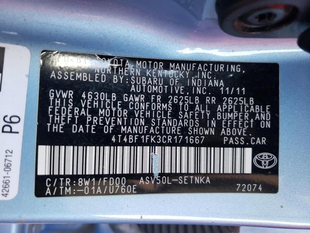 Photo 10 from auction – 2012 TOYOTA CAMRY BASE with VIN 4T4BF1FK3CR171667