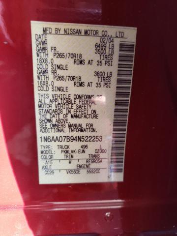 Photo 10 from auction – 2004 NISSAN TITAN XE with VIN 1N6AA07B94N522253