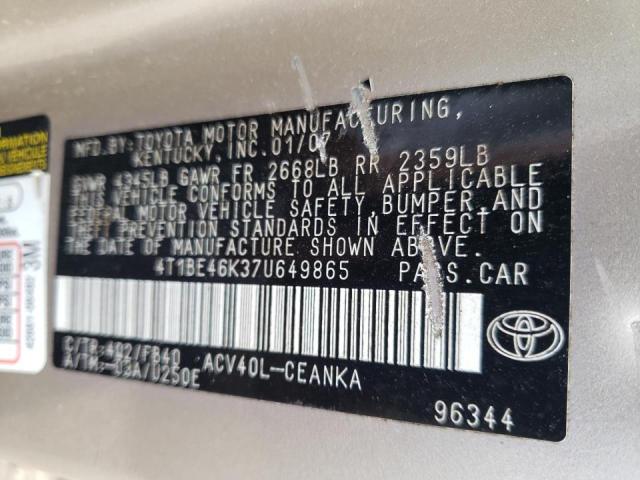 Photo 10 from auction – 2007 TOYOTA CAMRY CE with VIN 4T1BE46K37U649865