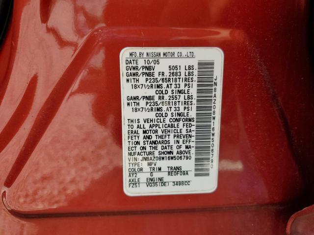 Photo 10 from auction – 2006 NISSAN MURANO SL with VIN JN8AZ08W16W506790