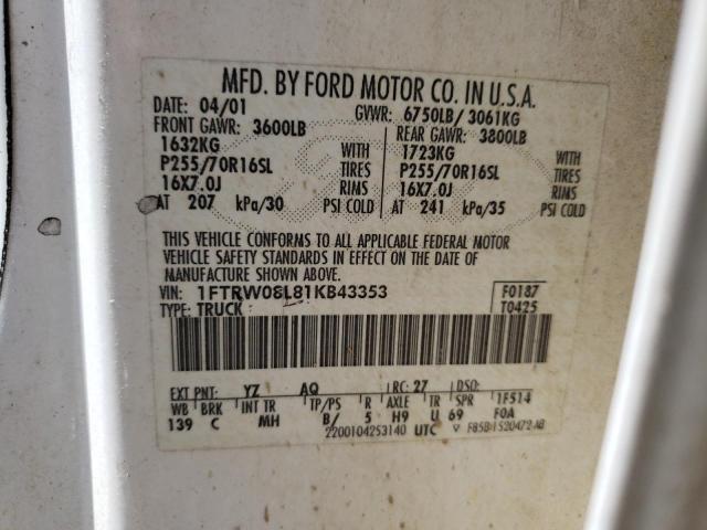 Photo 10 from auction – 2001 FORD F150 SUPER with VIN 1FTRW08L81KB43353