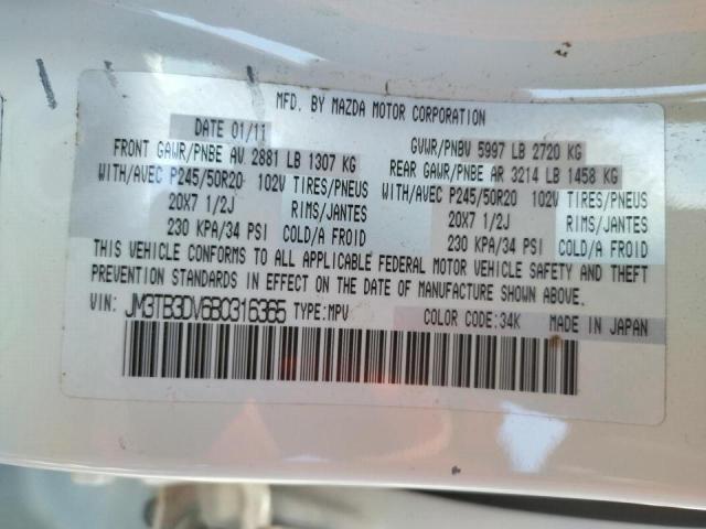 Photo 10 from auction – 2011 MAZDA CX-9 with VIN JM3TB3DV6B0316365