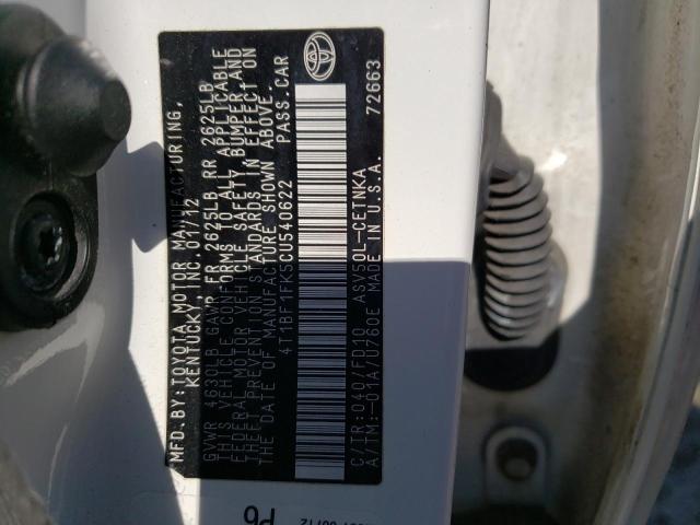 Photo 10 from auction – 2012 TOYOTA CAMRY BASE with VIN 4T1BF1FK5CU540622