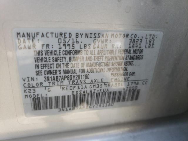 Photo 10 from auction – 2016 NISSAN SENTRA S with VIN 3N1AB7AP8GY281180