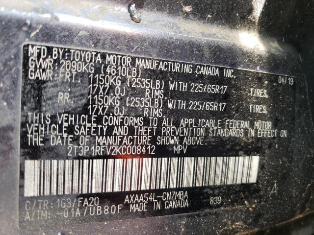 Photo 10 from auction – 2019 TOYOTA RAV4 XLE with VIN 2T3P1RFV2KC008412