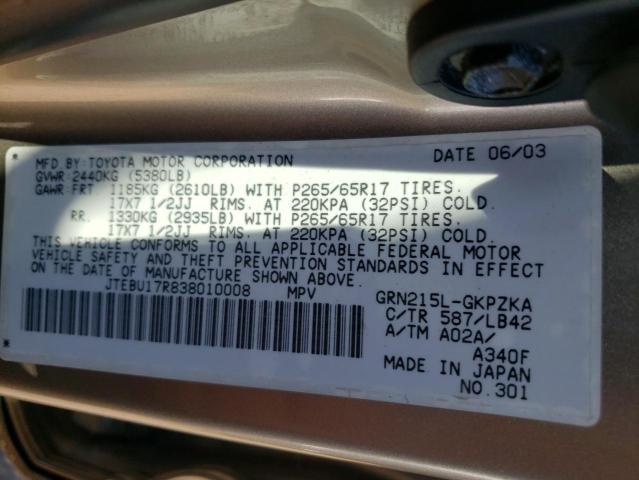 Photo 10 from auction – 2003 TOYOTA 4RUNNER LI with VIN JTEBU17R838010008