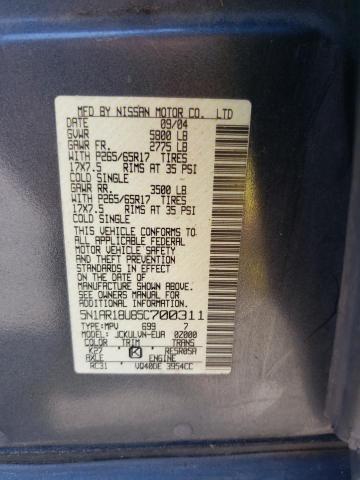 Photo 10 from auction – 2005 NISSAN PATHFINDER with VIN 5N1AR18U85C700311
