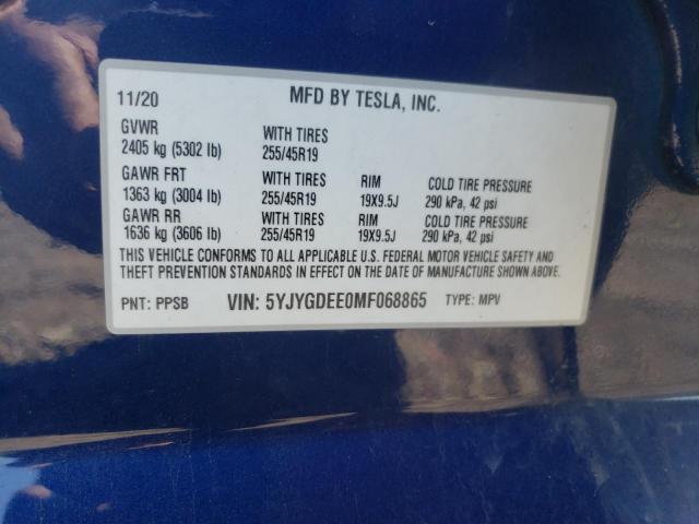 Photo 10 from auction – 2021 TESLA MODEL Y with VIN 5YJYGDEE0MF068865