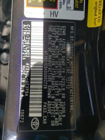 Photo 10 from auction – 2013 TOYOTA AVALON HYB with VIN 4T1BD1EB4DU002728