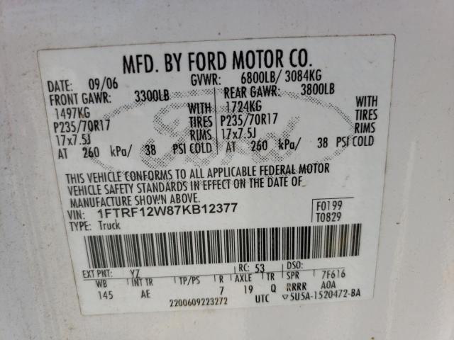 Photo 10 from auction – 2007 FORD F150 with VIN 1FTRF12W87KB12377