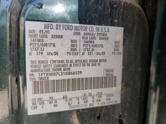 Photo 10 from auction – 2001 FORD F150 SUPER with VIN 1FTRW07L31KB66539