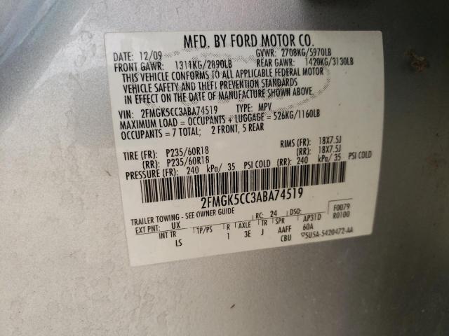 Photo 10 from auction – 2010 FORD FLEX SEL with VIN 2FMGK5CC3ABA74519