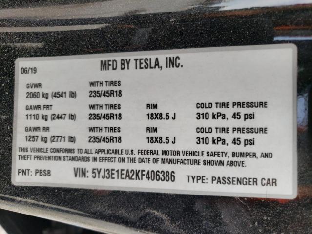 Photo 10 from auction – 2019 TESLA MODEL 3 with VIN 5YJ3E1EA2KF406386