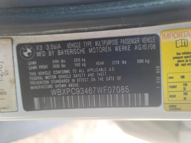 Photo 10 from auction – 2007 BMW X3 3.0SI with VIN WBXPC93467WF07085