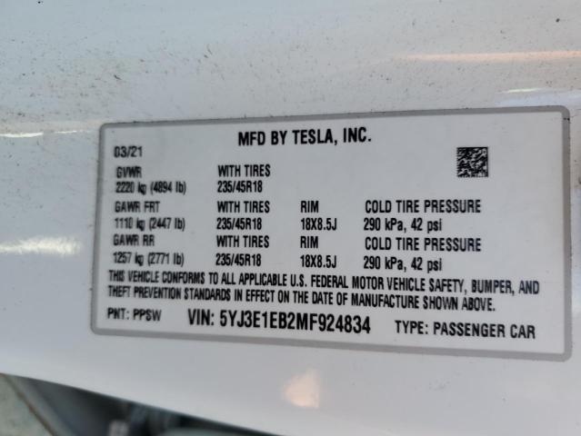 Photo 10 from auction – 2021 TESLA MODEL 3 with VIN 5YJ3E1EB2MF924834