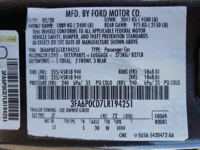 Photo 10 from auction – 2020 FORD FUSION SEL with VIN 3FA6P0CD7LR194251