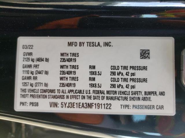Photo 10 from auction – 2022 TESLA MODEL 3 with VIN 5YJ3E1EA3NF191122