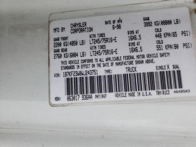 Photo 10 from auction – 1998 DODGE RAM 2500 with VIN 1B7KF23W0WJ243751