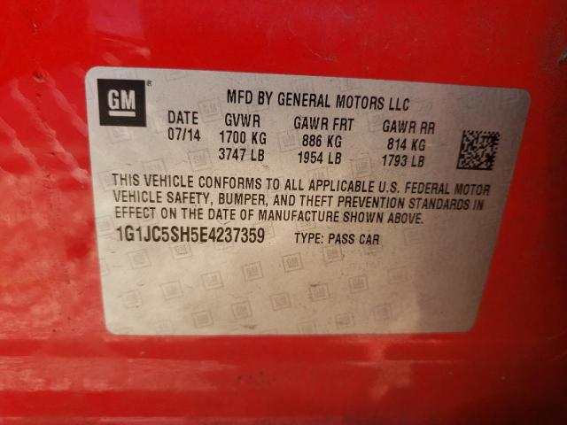 Photo 10 from auction – 2014 CHEVROLET SONIC LT with VIN 1G1JC5SH5E4237359