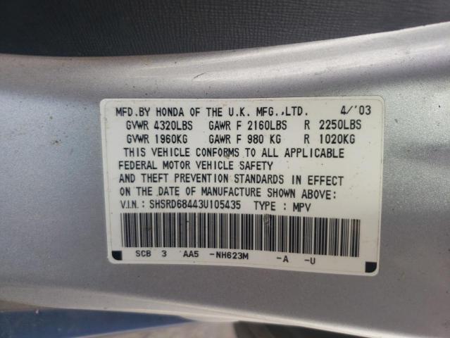 Photo 10 from auction – 2003 HONDA CR-V LX with VIN SHSRD68443U105435