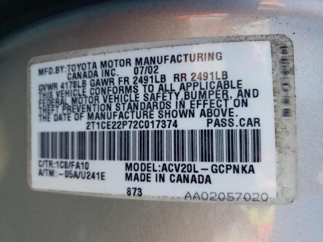 Photo 10 from auction – 2002 TOYOTA CAMRY SOLA with VIN 2T1CE22P72C017374