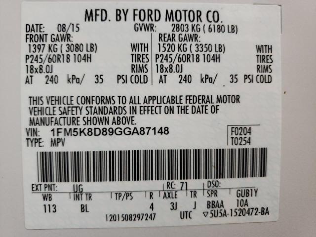 Photo 10 from auction – 2016 FORD EXPLORER X with VIN 1FM5K8D89GGA87148