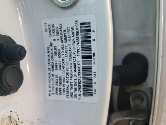 Photo 10 from auction – 2012 HONDA CIVIC LX with VIN 2HGFB2F57CH603371