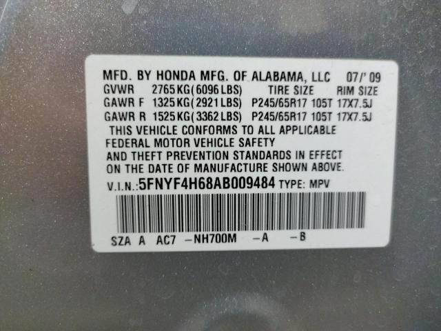 Photo 10 from auction – 2010 HONDA PILOT EXL with VIN 5FNYF4H68AB009484