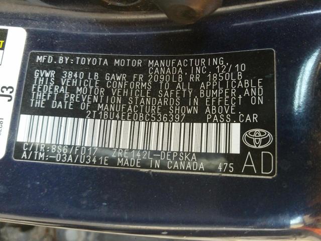 Photo 10 from auction – 2011 TOYOTA COROLLA S with VIN 2T1BU4EE0BC536397