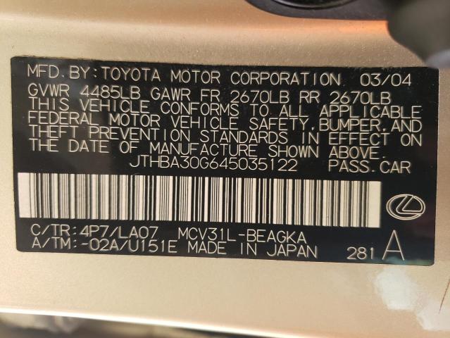 Photo 10 from auction – 2004 LEXUS ES300 with VIN JTHBA30G645035122