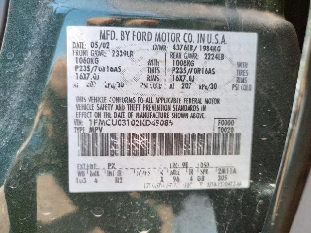 Photo 10 from auction – 2002 FORD ESCAPE XLT with VIN 1FMCU03102KD49085