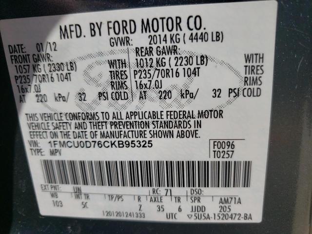 Photo 10 from auction – 2012 FORD ESCAPE XLT with VIN 1FMCU0D76CKB95325