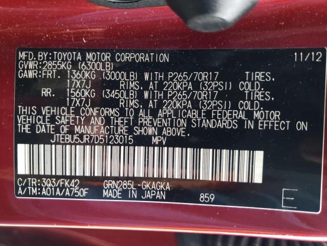Photo 10 from auction – 2013 TOYOTA 4RUNNER SR with VIN JTEBU5JR7D5123015