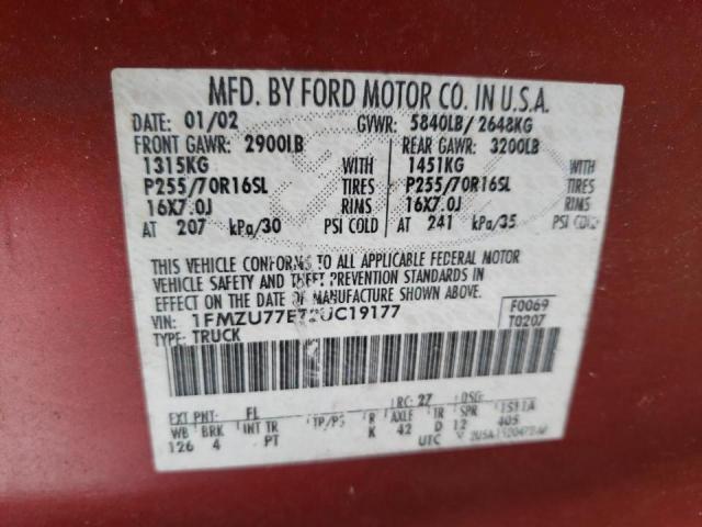 Photo 10 from auction – 2002 FORD EXPLORER S with VIN 1FMZU77E72UC19177