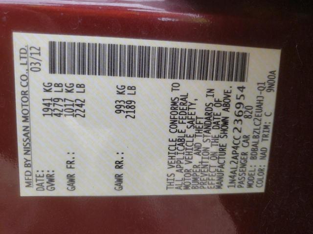 Photo 10 from auction – 2012 NISSAN ALTIMA BAS with VIN 1N4AL2AP4CC236954